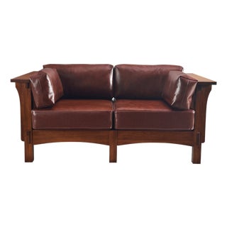 Crafters and Weavers Arts and Crafts Craftsman Crofter Style Loveseat in Chestnut Leather For Sale