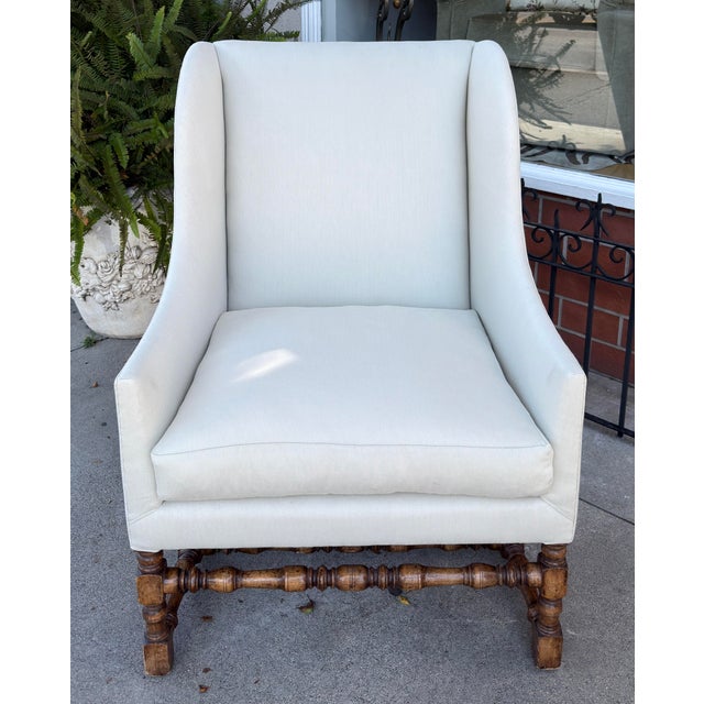 18th C Style Dennis & Leen Wingback Arm Chair, Freshly upholstered in Nancy Corzine South Hampton linen fabric.. It is 1...