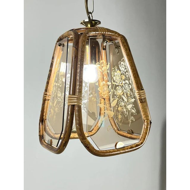 Bamboo and Hand-Engraved Murano Glass Chandelier, Italy, 1950s For Sale - Image 4 of 10