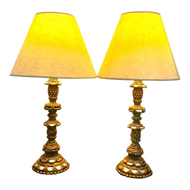 Antique Wood Candelabra Lamps With Mirror Insets - a Pair For Sale