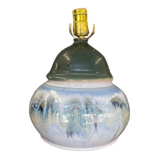 Signed Studio Pottery Ceramic Table Lamp With Crystalline Glaze and Moss Green Cap, Mid-20th Century Style For Sale