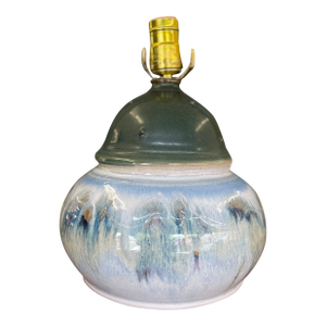 Signed Studio Pottery Ceramic Table Lamp With Crystalline Glaze and Moss Green Cap, Mid-20th Century Style