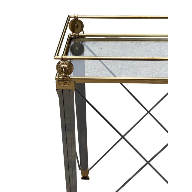 Vintage Maison Jansen Style Hollywood Regency Accent Table | French Neoclassical Brass Lion Head & Paw Feet | Glass Top Side Table For Sale - Image 12 of 15
