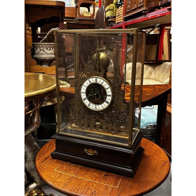 Large Architectural Brass Cathedral Skeleton Clock with Case and Key For Sale - Image 3 of 18