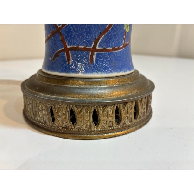 Blue Vintage Chinoiserie Famille Rose Porcelain Table Lamp - Cobalt Blue & Hand-Painted Peonies For Sale - Image 8 of 9