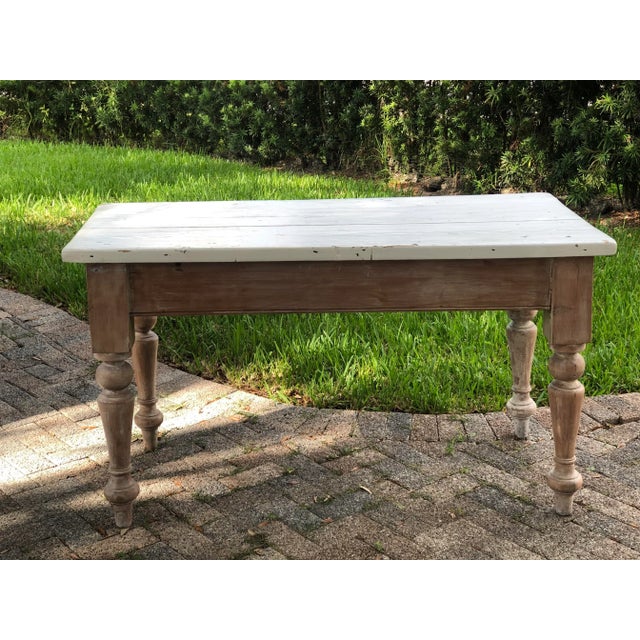 A gorgeous rustic European old world charm table, weather and naturally distressed light antique pink/white wash legs the...