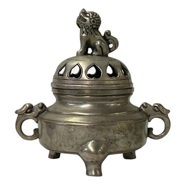 Vintage Silver Pewter Color Metal Foo Dog Ding Shape Incense Holder For Sale