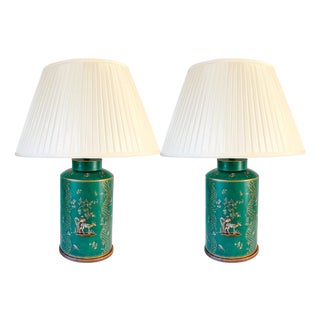 1970s Large Frederick Cooper Emerald Green Hand-Painted Green Tole Chinoiserie Table Lamps - A Pair For Sale
