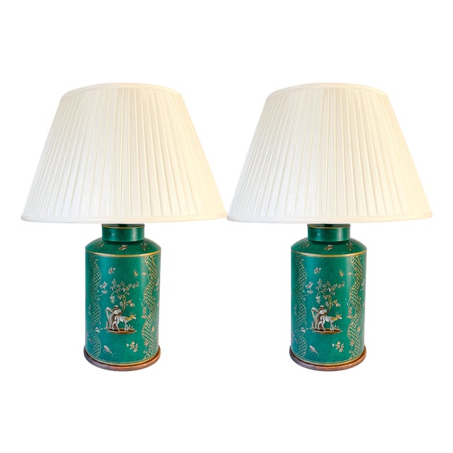 1970s Large Frederick Cooper Emerald Green Hand-Painted Green Tole Chinoiserie Table Lamps - A Pair For Sale