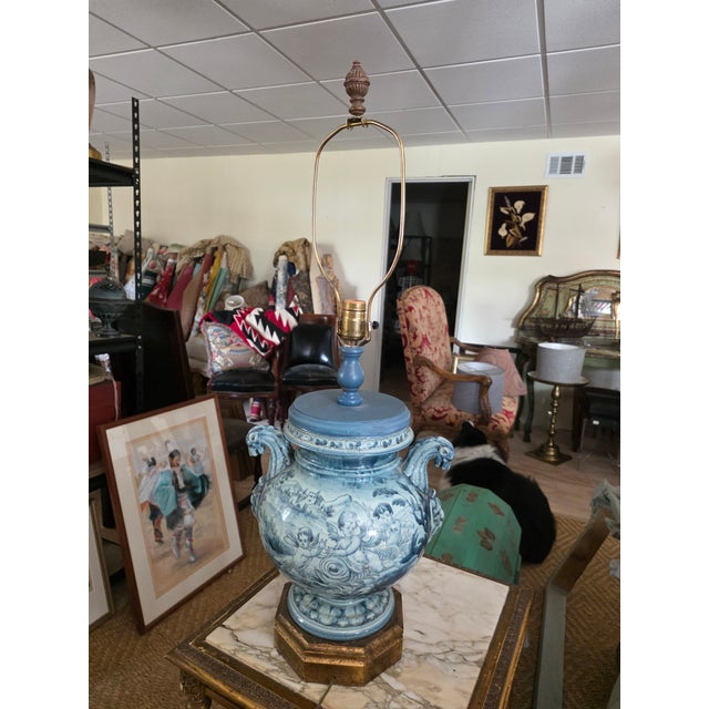 Beautiful late 19th century Albisola blue and white tin glazed Majolica Urn vase made into a lamp.