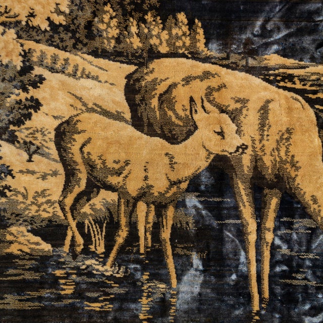 Belgian Woodland Deer Tapestry in Slate Blue and Taupe With Silk Fringe For Sale - Image 10 of 13