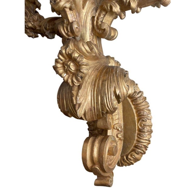 Early 19th Century Rare Pair of Early 19th Century Italian Baroque Style Giltwood Wall Candelabras For Sale - Image 5 of 10