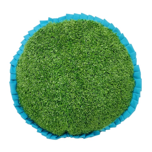 Modern Custom Handcrafted Artificial Turf Lumbar Pillow With Turquoise Ruffle - Small Round For Sale - Image 3 of 8