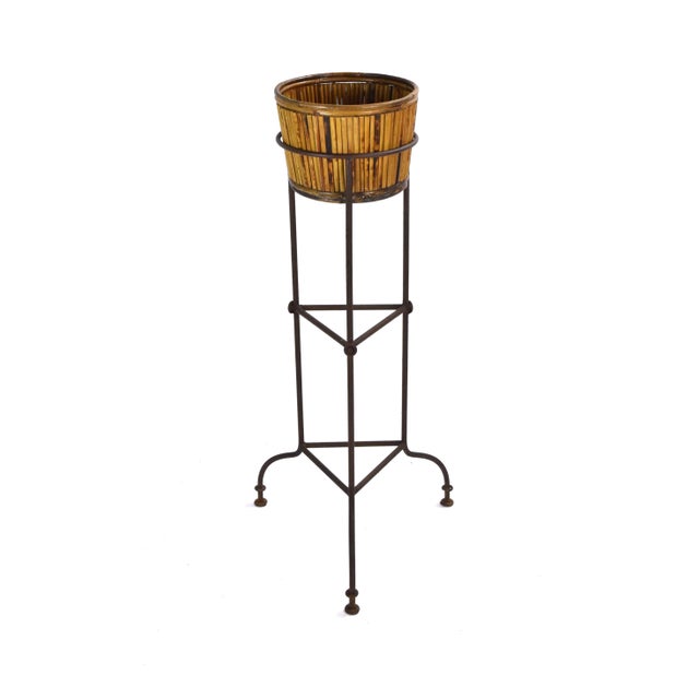 Brown Vintage Industrial Steel Tripod Base Plant Stand With Bamboo Basket For Sale - Image 8 of 8
