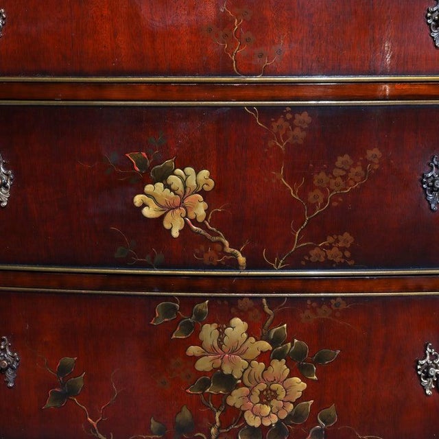 Chinese Floral Painted Chinese Chippendale Mahogany Six Drawer Highboy Chest C1920 For Sale - Image 3 of 18