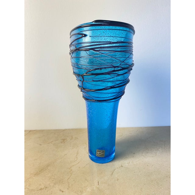 Contemporary Simone Cenedese Murano Threaded Art Glass Vase, Cerulean Blue, C. 2000 For Sale - Image 3 of 8