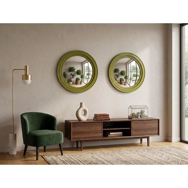 Wood Round Olive Green Mirrors, 1970s, Set of 2 For Sale - Image 7 of 8