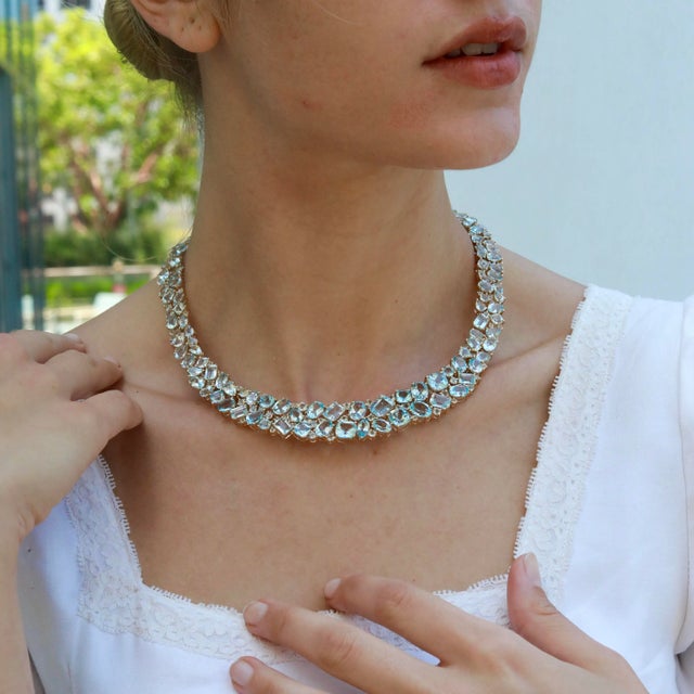 Metal Nina Zhou Secret Ocean 94.15 CTW Aquamarine, Topaz & Diamond Collar Necklace For Sale - Image 7 of 10