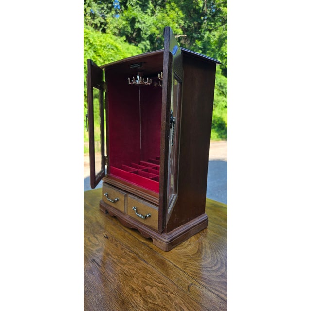 Vintage Wooden Jewelry Armoire With Etched Glass Doors & Red Velvet Lined Interior For Sale - Image 4 of 16