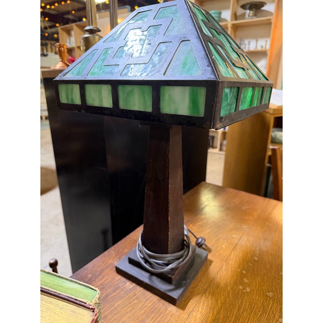 Early 20th Century Arts & Crafts Green Slag Glass Table or Desk Lamp For Sale - Image 5 of 11