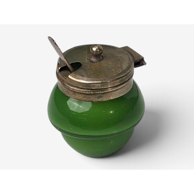 Art Deco, Snuff or Cocaine Lidded Pot, Green Art Glass, Sterling Silver, 1930s An unusual Art Deco lidded salt cellar,...