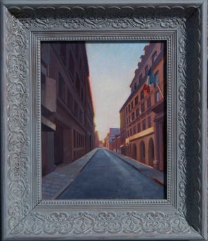 Paris Street 1 by Richard T Scott | Oil on canvas Street scene in Paris with buildings and flags.