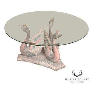 Hollywood Regency Style Swan Form Round Glass Top Center Table For Sale