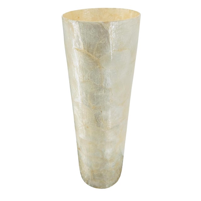Rare 1990s Murval Paris Capiz Shell Vase - 17.75" Tall French Designer Floor Vase - Iridescent Natural Shell Inlay - Mid Century Modern Paris Decor For Sale - Image 4 of 13