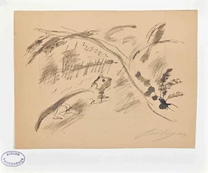 Louis Touchagues, The Tree and Cat, Original Ink Drawing, Mid-20th-Century