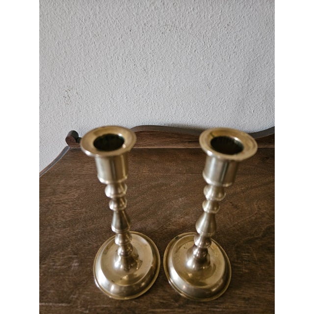 Metal Pair of Vintage Brass Candle Holders For Sale - Image 7 of 12