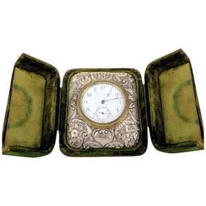Antique Victorian Silver Embossed Bed Side Clock by Douglas Clock Company