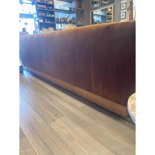 Wood Custom 8' Cisco Tight Back Pumpkin Sofa on Burl Plinth For Sale - Image 7 of 7