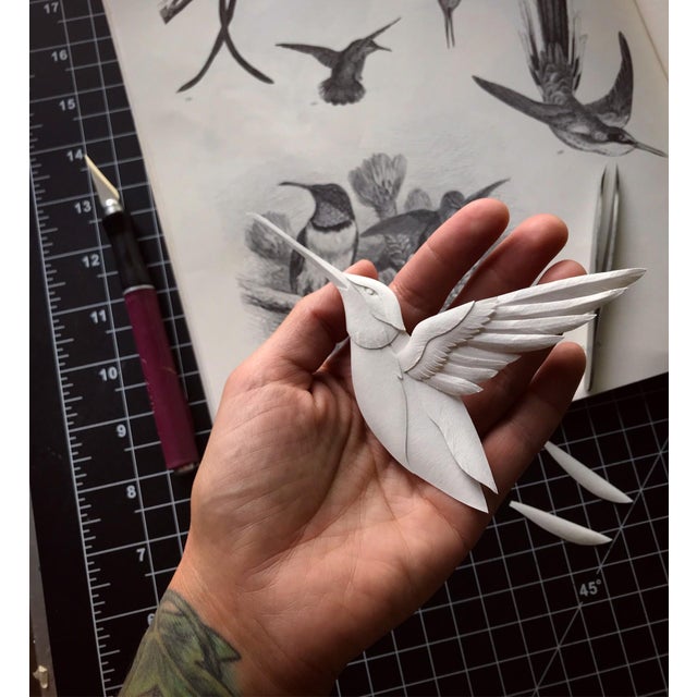 Abstract Synesthesia by Marisa Aragón Ware | Paper sculpture on Artefex panel of a hummingbird and flowers For Sale - Image 3 of 3