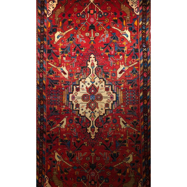 Vintage Persian Hamadan Gallery Area Rug, Hand-Knotted Wool, Tribal Bird Pattern, 6x10, Red & Navy For Sale - Image 11 of 18