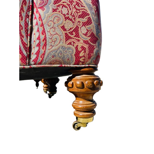 Late 20th C Baker Furniture Tufted Club Armchairs, George Smith Style Paisley Upholstery, Brass Casters – Pair For Sale - Image 15 of 18