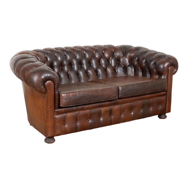 ​​​​​​​Vintage Chesterfield Two Seat Brown Leather Sofa From Spain For Sale