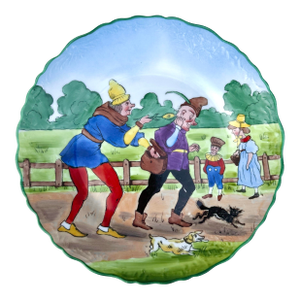 Antique Charles Ahrenfeldt Saxe Porcelain Plate – Hand-Painted Comic Village Scene