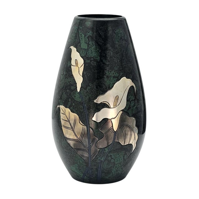 Contemporary Mid Century Japanese Takaoka Bronze Vase With Mixed Metal Lily Inlay 9.75” For Sale - Image 3 of 12