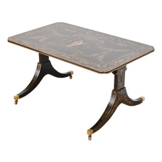 Baker Furniture Style Italian Regency Hand Painted Black Lacquered Coffee Table, Circa 1960s For Sale