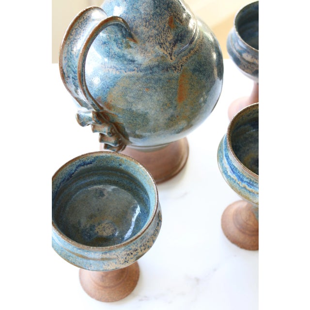 MCM Art Pottery Sangria Carafe Pitcher and Goblets- Set of 8 For Sale - Image 4 of 7
