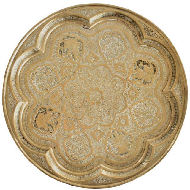 Brass Antique Early-20th-Century Indo-Persian Hammered Brass Round Tray For Sale - Image 8 of 8