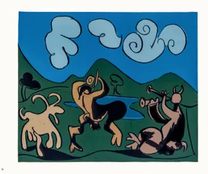 1962 Pablo Picasso Linocut Engraving "Two Satyrs and Goat"