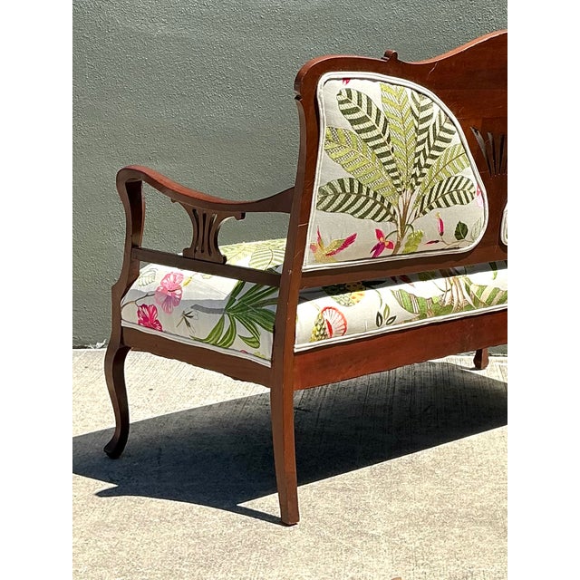 Vintage Carved Wood Settee With Embroidered Botanical Upholstery For Sale - Image 4 of 12
