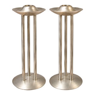 Vintage Georg Jensen Denmark Candle Holders – Pair of Scandinavian Modernist Metal Candlesticks, Danish Mid-Century Style, 23 Cm For Sale