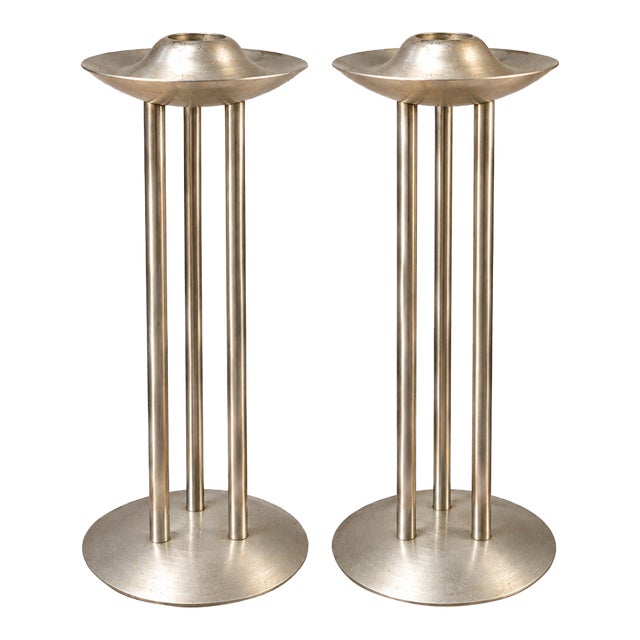 Vintage Georg Jensen Denmark Candle Holders – Pair of Scandinavian Modernist Metal Candlesticks, Danish Mid-Century Style, 23 Cm For Sale