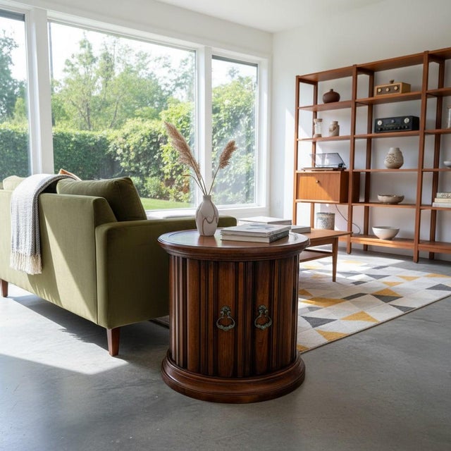 Mid 20th Century Vintage Brandt Diplomat Drum Table Mahogany Round End Table-Storage-Side-Accent For Sale - Image 5 of 12
