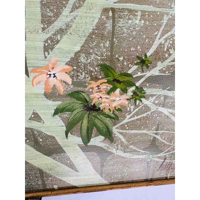 1970s Massive Mid-Century Modern Lee Reynolds Botanical Oil Painting in Gold Gilt Faux Bamboo Wood Frame For Sale - Image 5 of 15