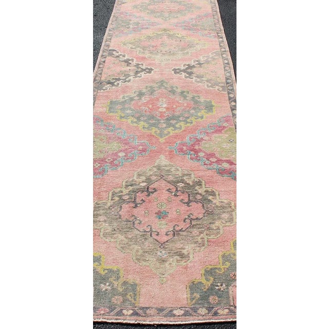 Colorful Vintage Hand Knotted Turkish Oushak Runner in Muted Tones For Sale In Atlanta - Image 6 of 13