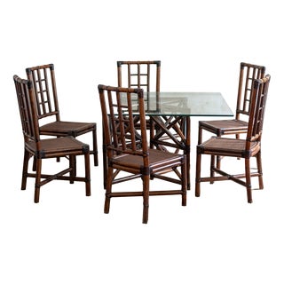 Bamboo and Glass Dining Set, 1970s, Set of 7 For Sale