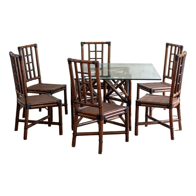 Bamboo and Glass Dining Set, 1970s, Set of 7 For Sale